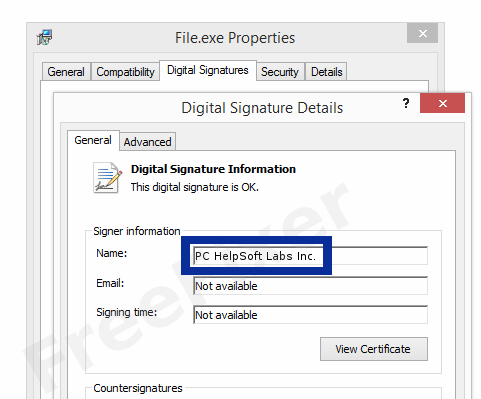 Screenshot of the PC HelpSoft Labs Inc. certificate